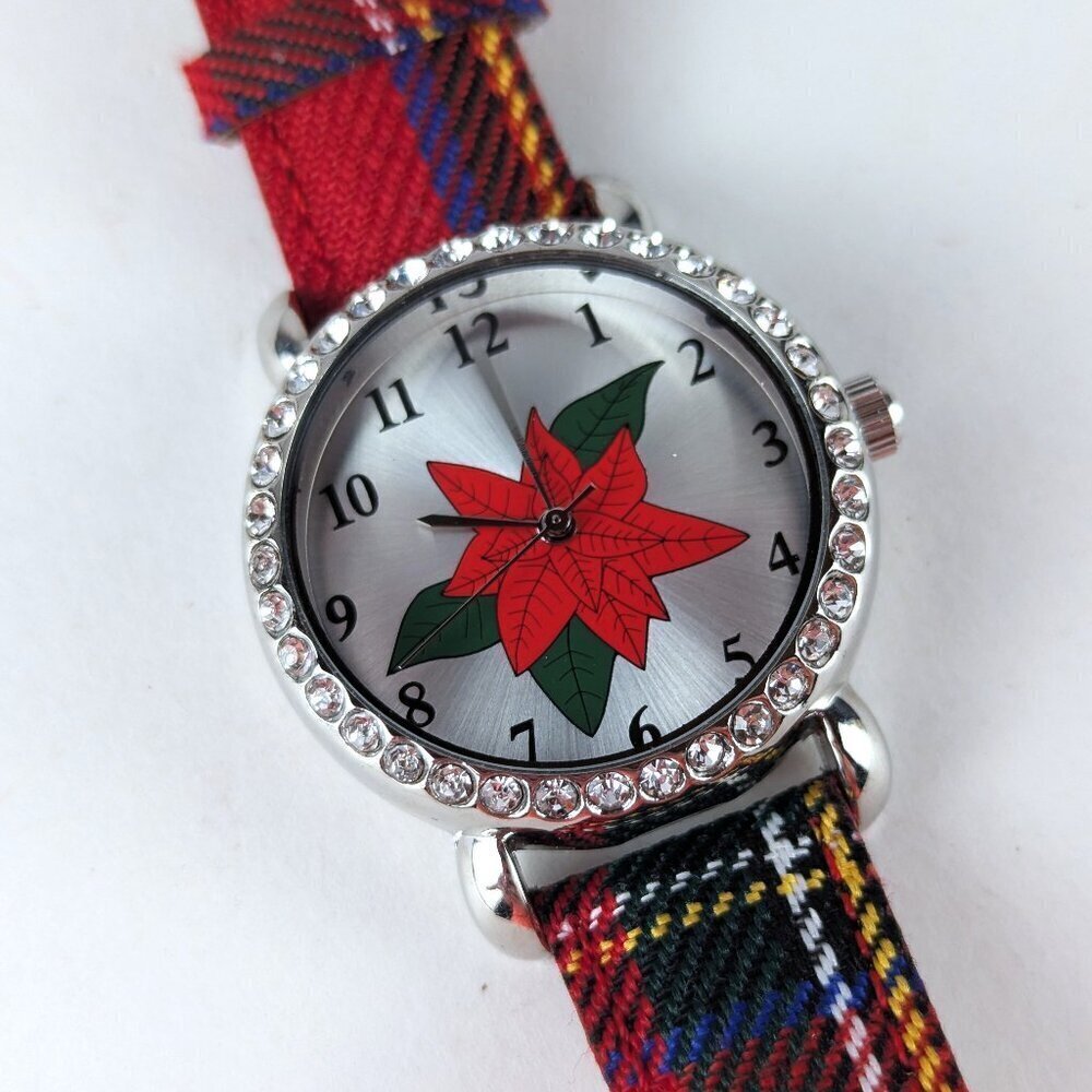 Vintage Christmas Poinsettia Rhinestone Watch